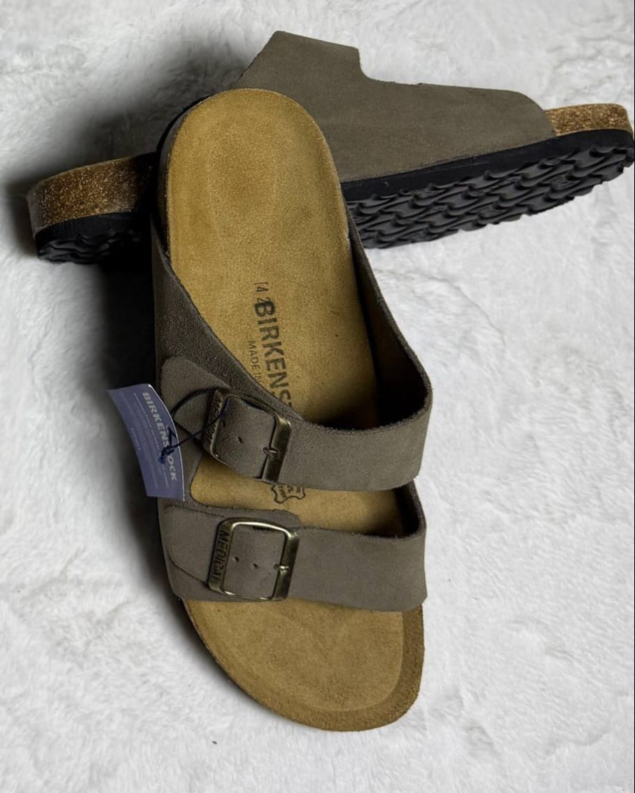 Sandales deux ceintures taupe (dain)